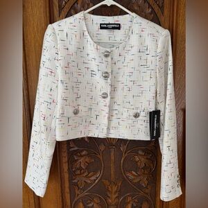Karl Lagerfeld Women's White Tweed Blazer with Multicolor Accents